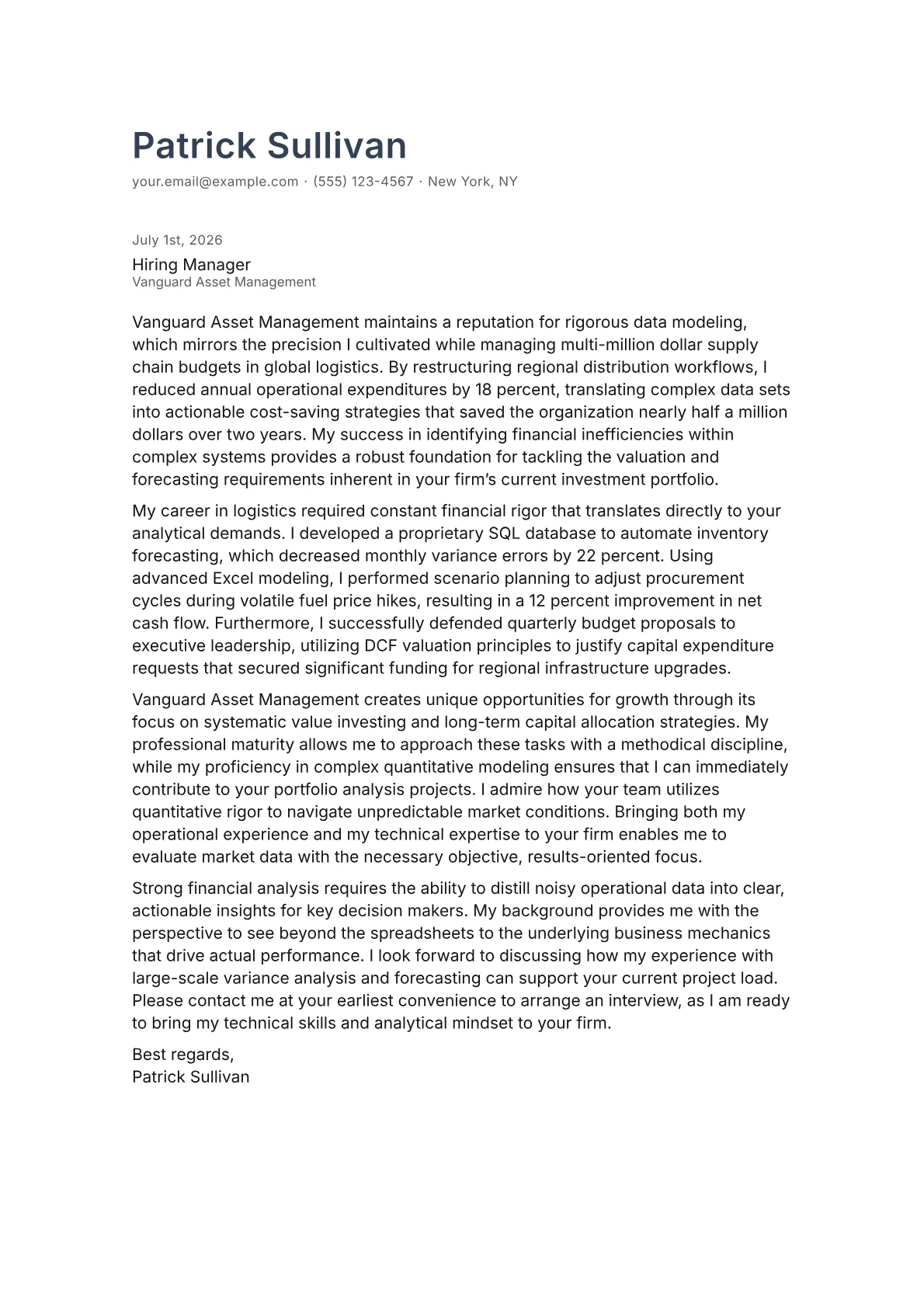 Junior Financial Analyst cover letter in the Minimal design