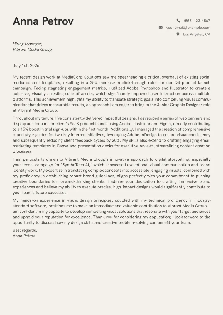 Junior Graphic Designer cover letter example preview