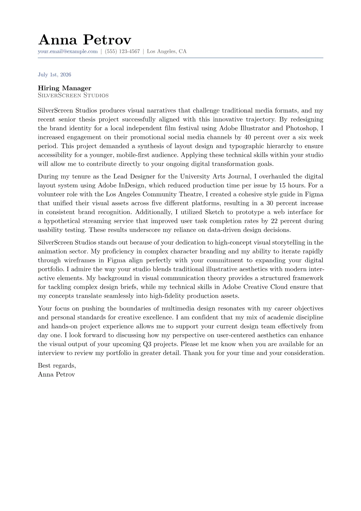 Junior Graphic Designer cover letter in the Classic design