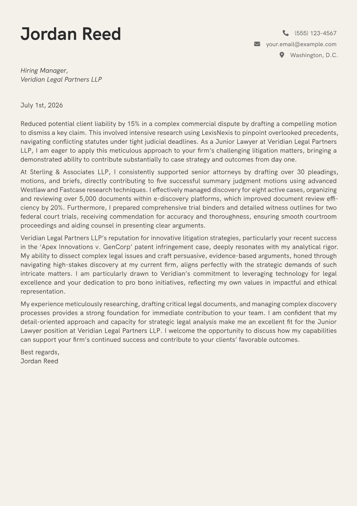 Junior Lawyer cover letter formatted with a JobSprout template