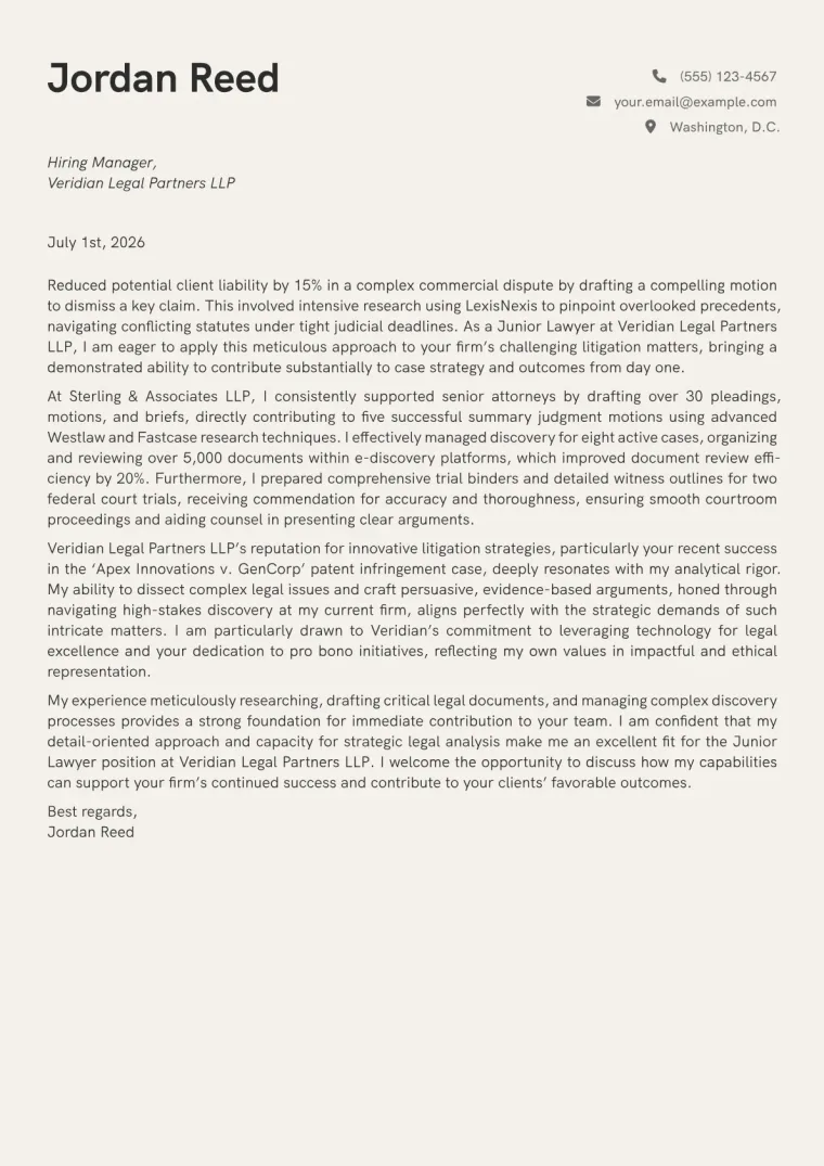 Junior Lawyer cover letter example preview