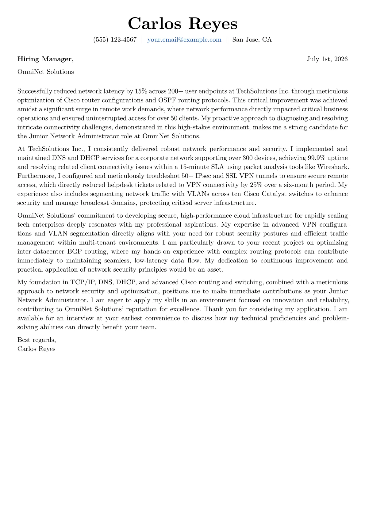 Junior Network Administrator cover letter formatted with a JobSprout template