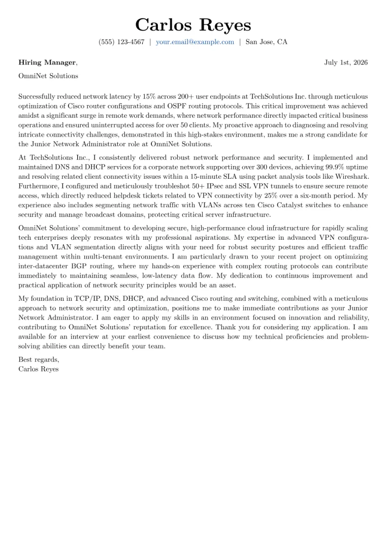 Junior Network Administrator cover letter example preview