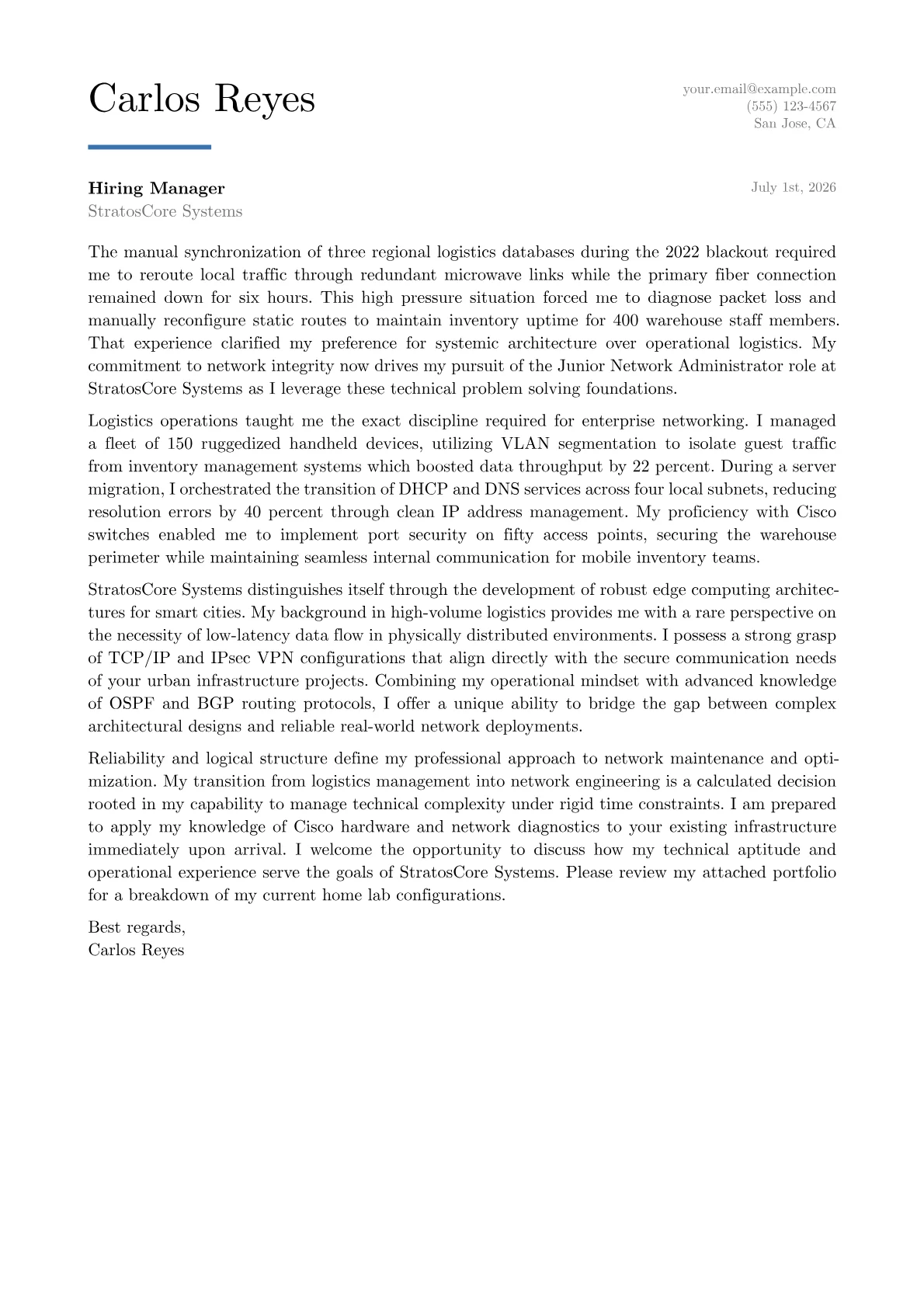 Junior Network Administrator cover letter in the Executive design