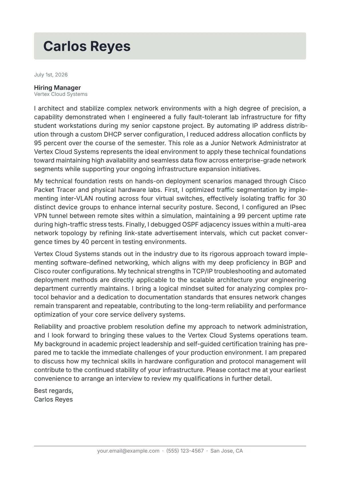 Junior Network Administrator cover letter in the Letterhead design