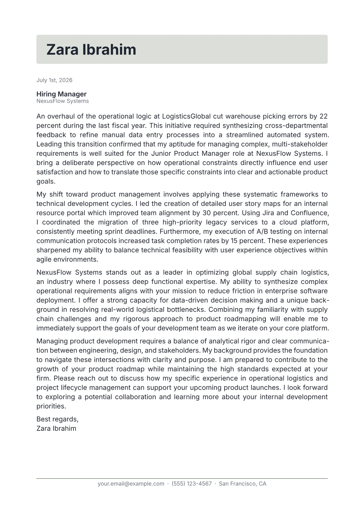Junior Product Manager cover letter in the Letterhead design