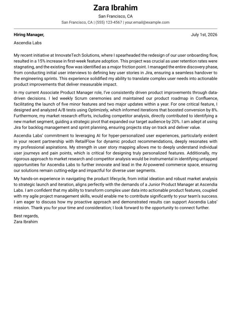 Junior Product Manager cover letter example preview