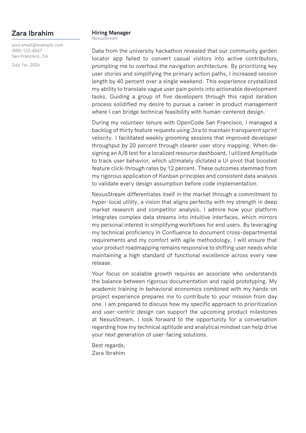 Junior Product Manager cover letter in the Margin design