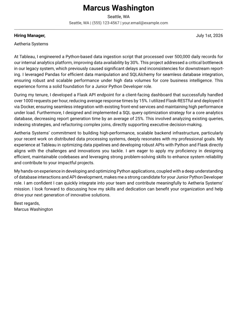 Junior Python Developer cover letter example preview
