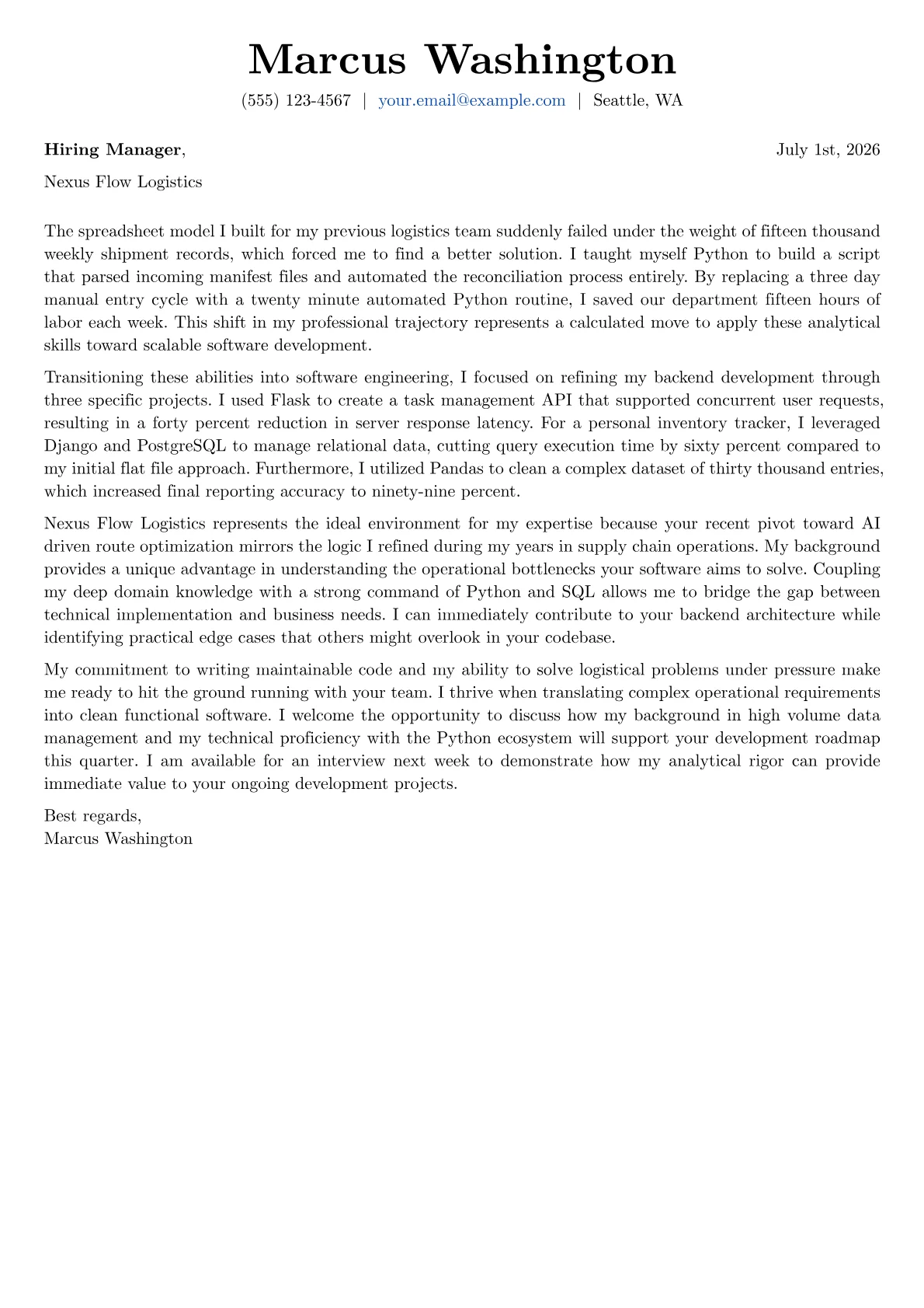 Junior Python Developer cover letter in the Basic design