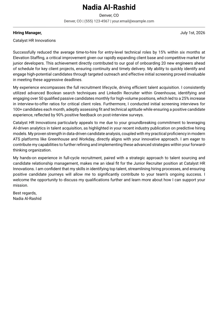 Junior Recruiter cover letter example preview