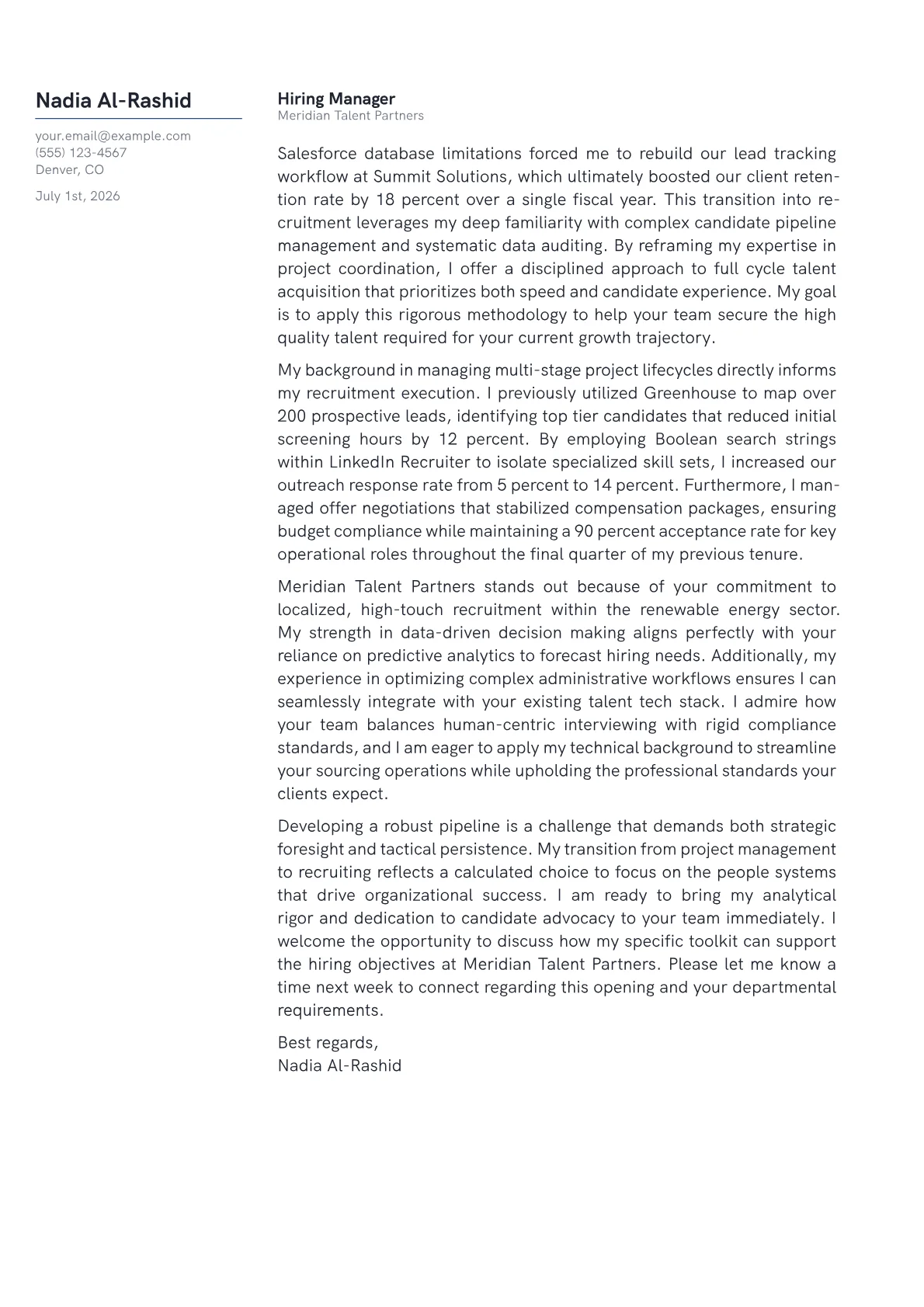 Junior Recruiter cover letter in the Margin design