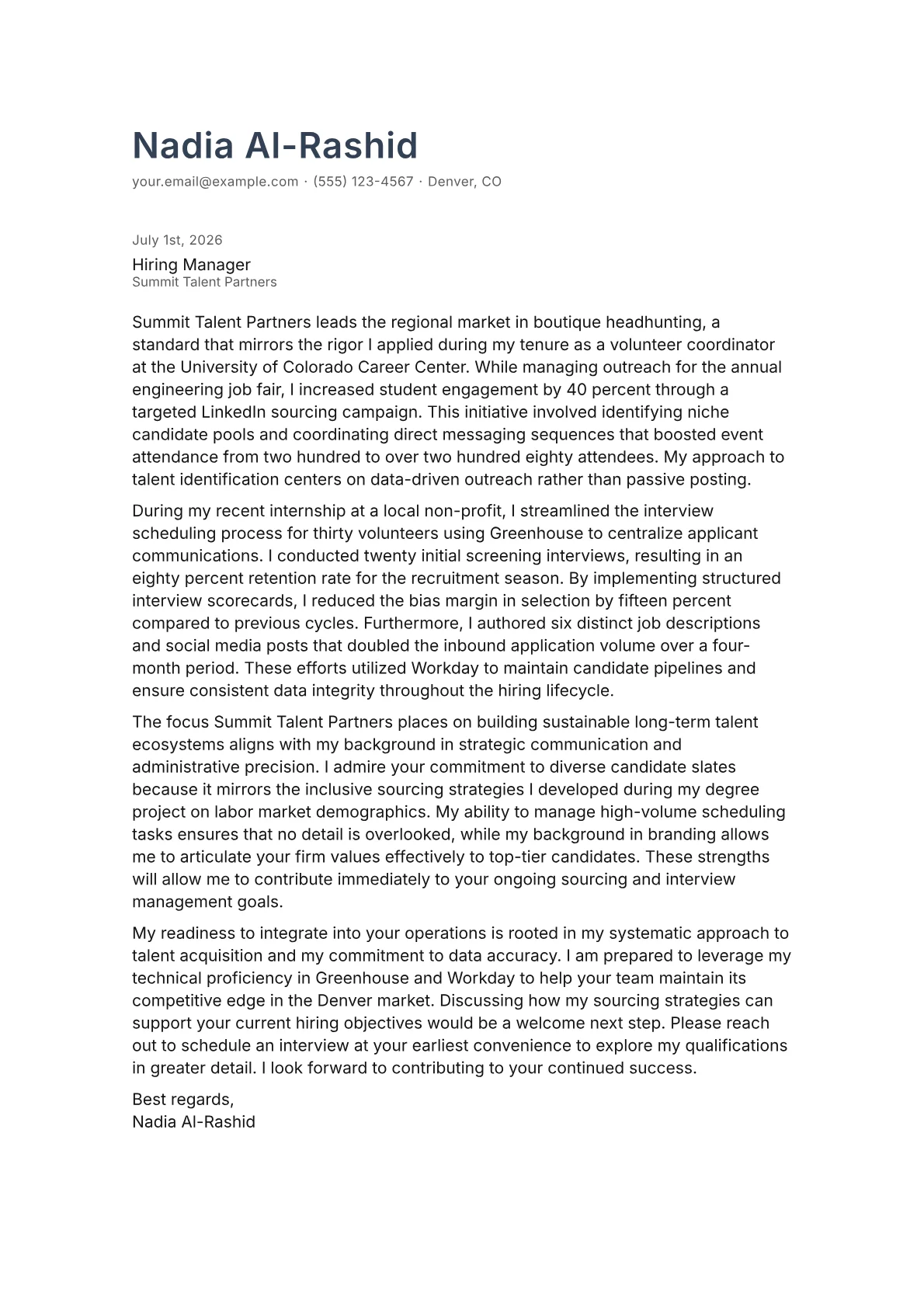 Junior Recruiter cover letter in the Minimal design