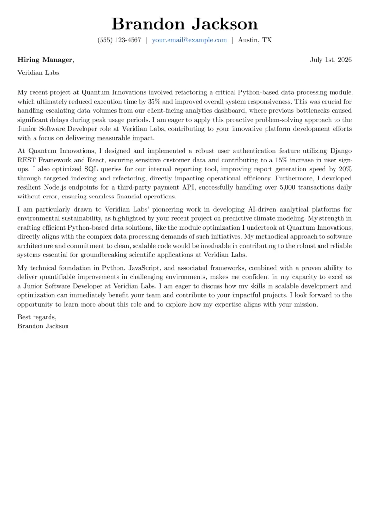 Junior Software Developer Cover Letter Example