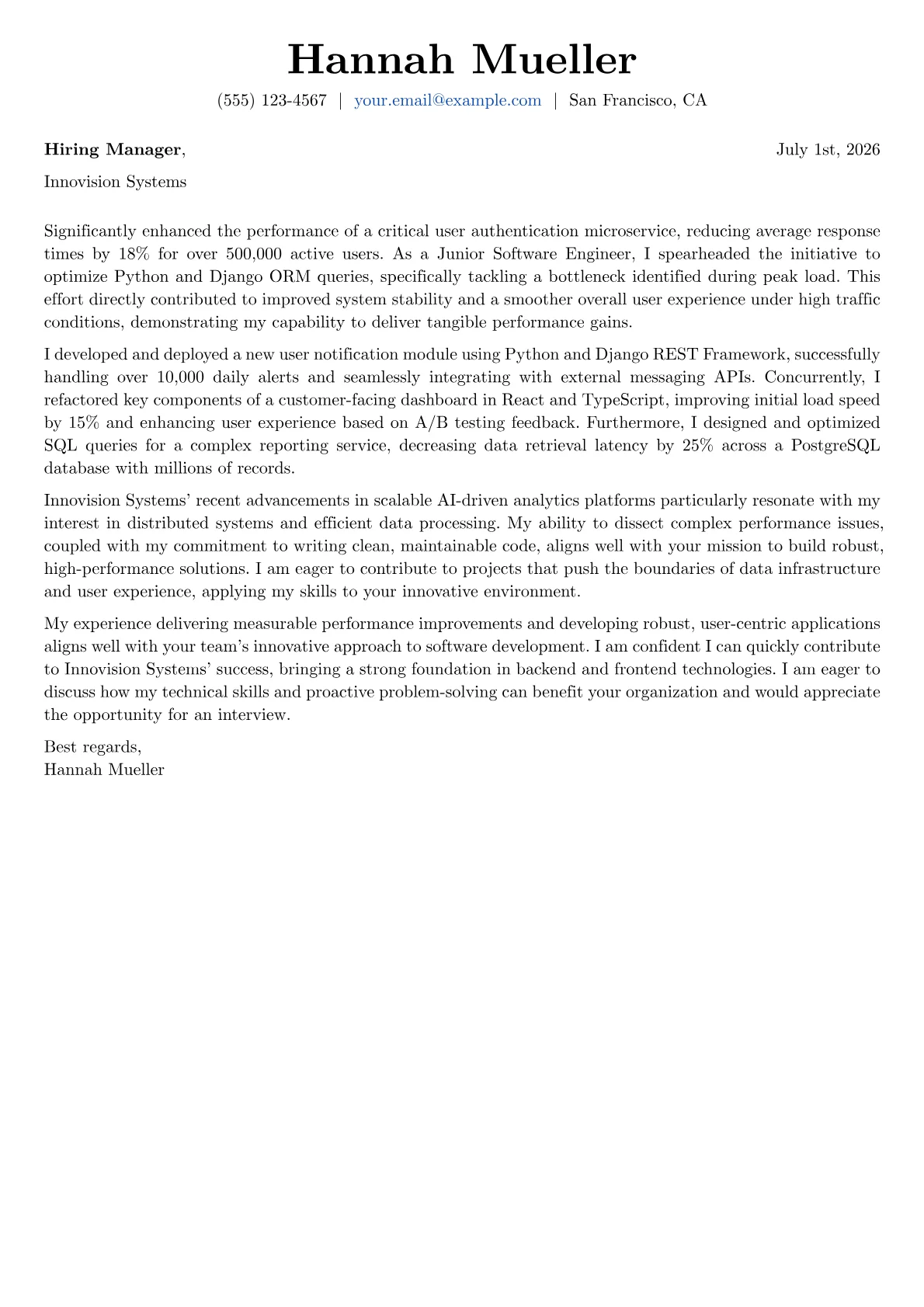 Junior Software Engineer cover letter formatted with a JobSprout template