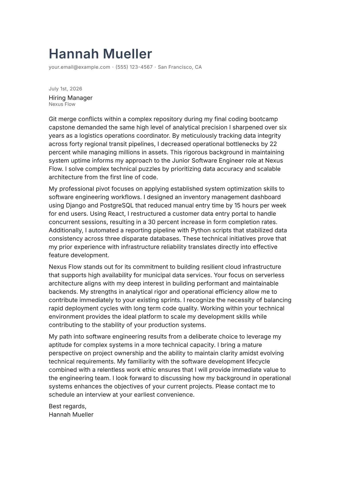 Junior Software Engineer cover letter in the Minimal design