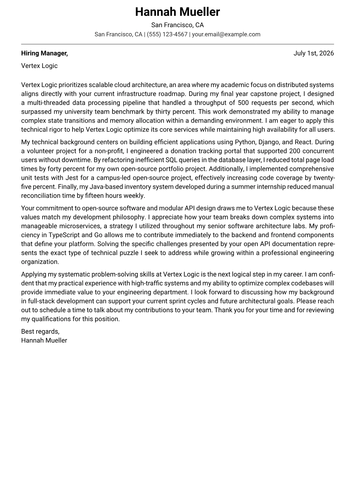 Junior Software Engineer cover letter in the Modern design