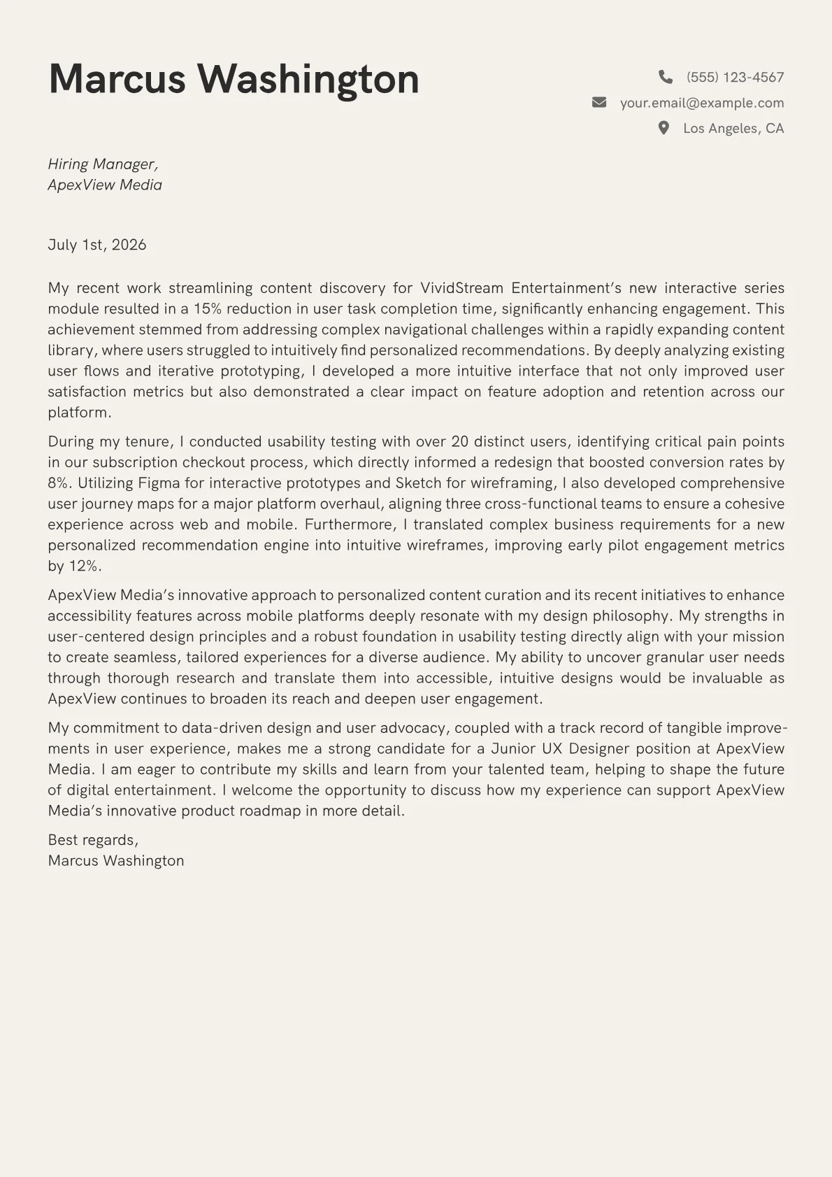Junior UX Designer cover letter formatted with a JobSprout template