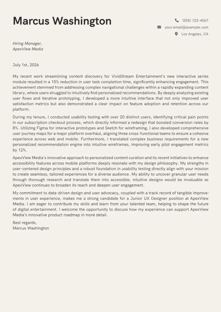 Junior UX Designer cover letter example preview