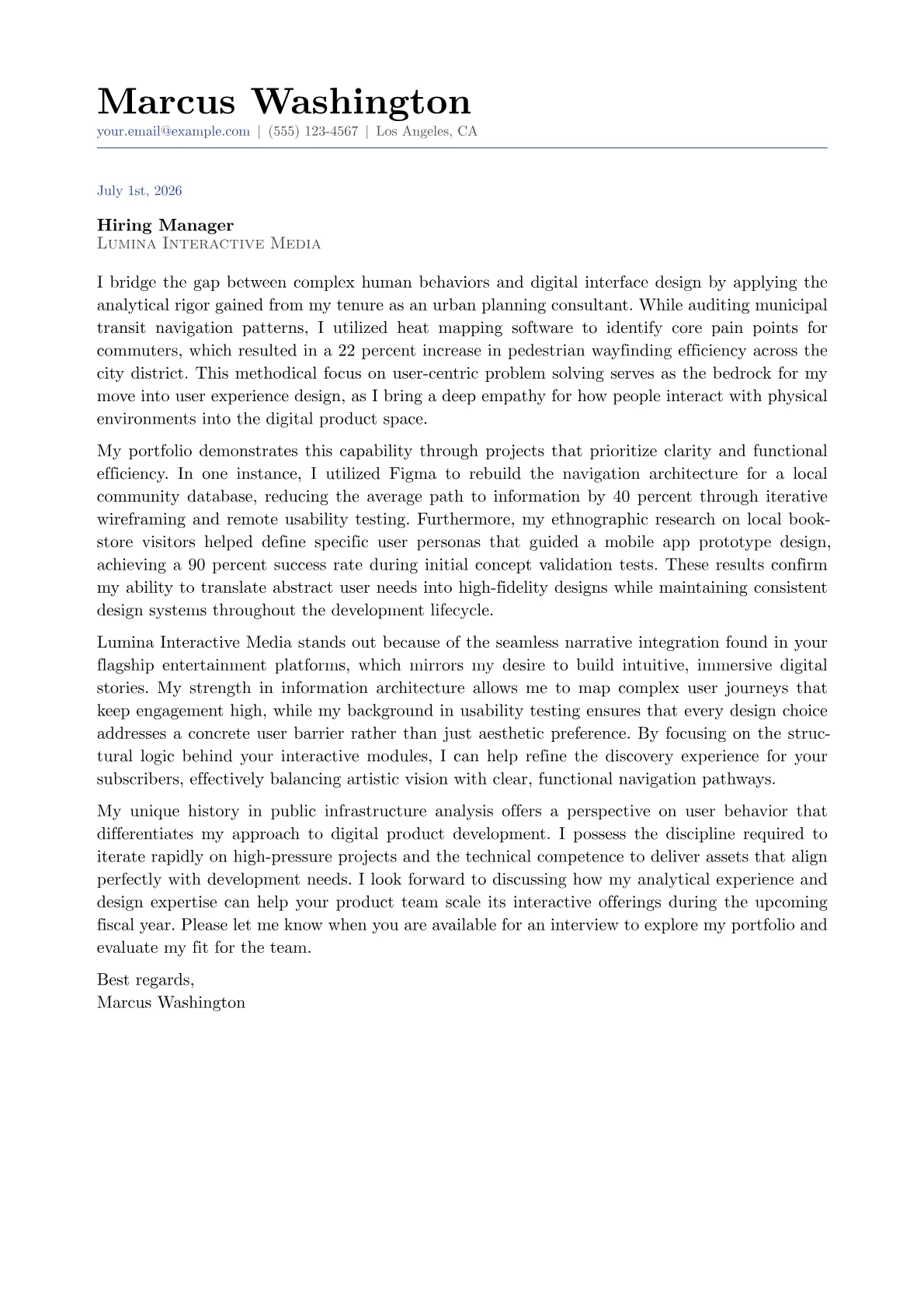 Junior UX Designer cover letter in the Classic design