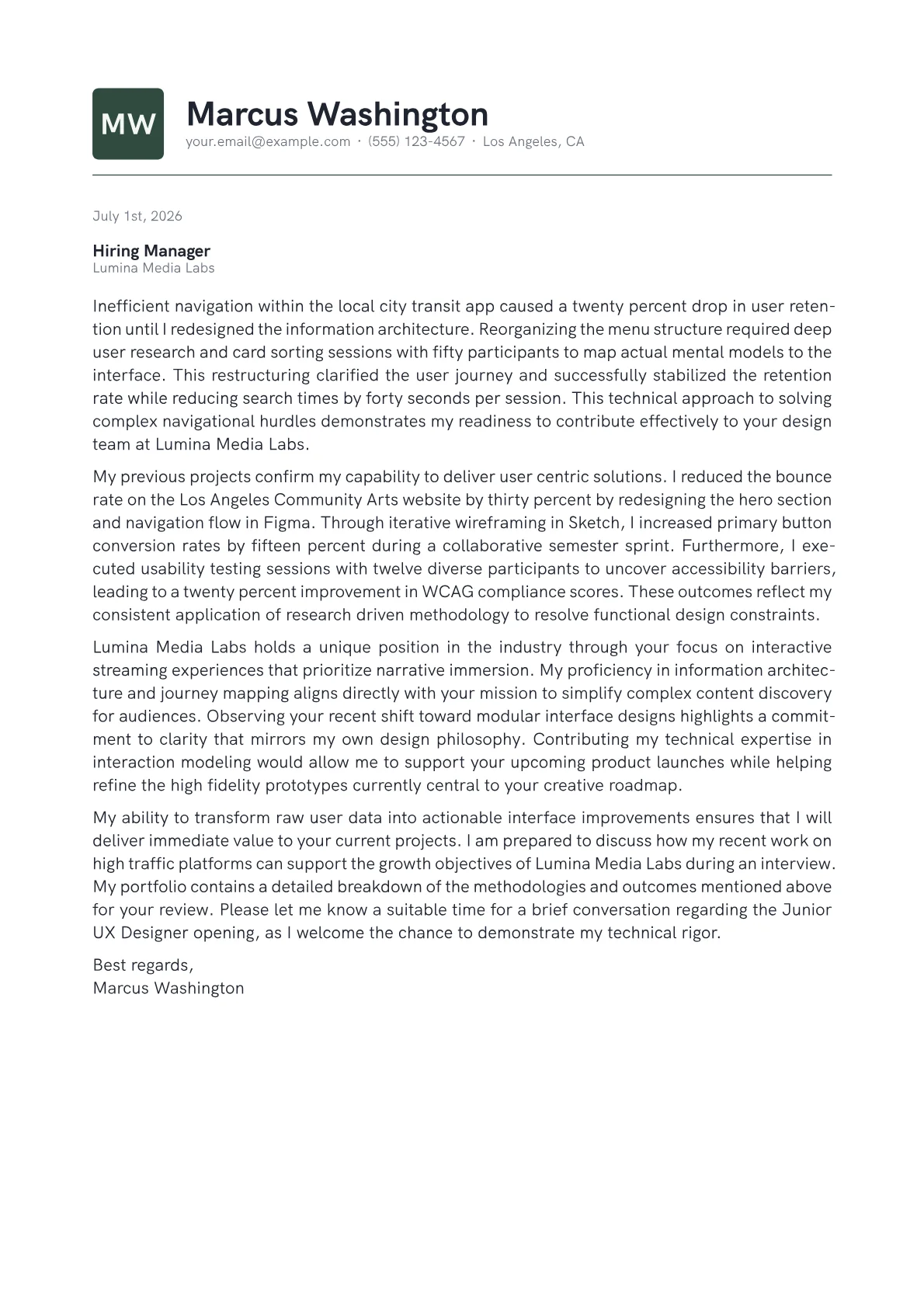 Junior UX Designer cover letter in the Emblem design