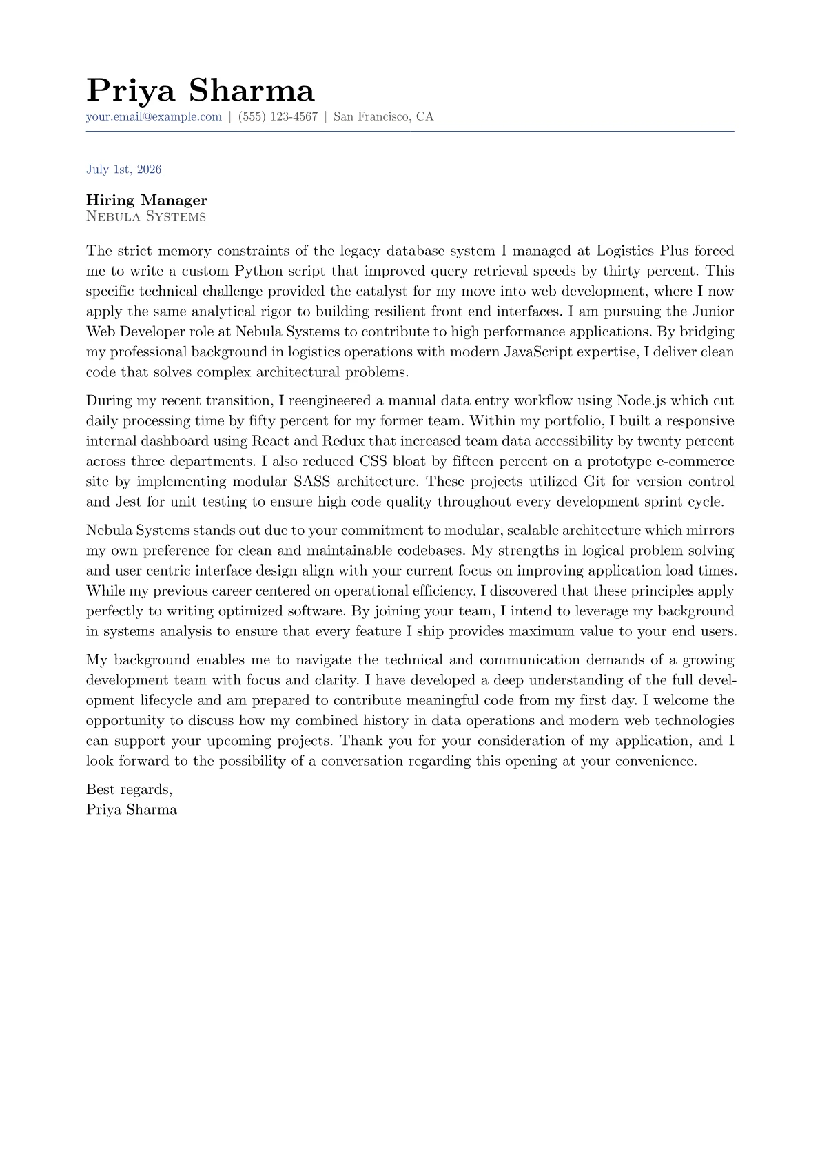 Junior Web Developer cover letter in the Classic design