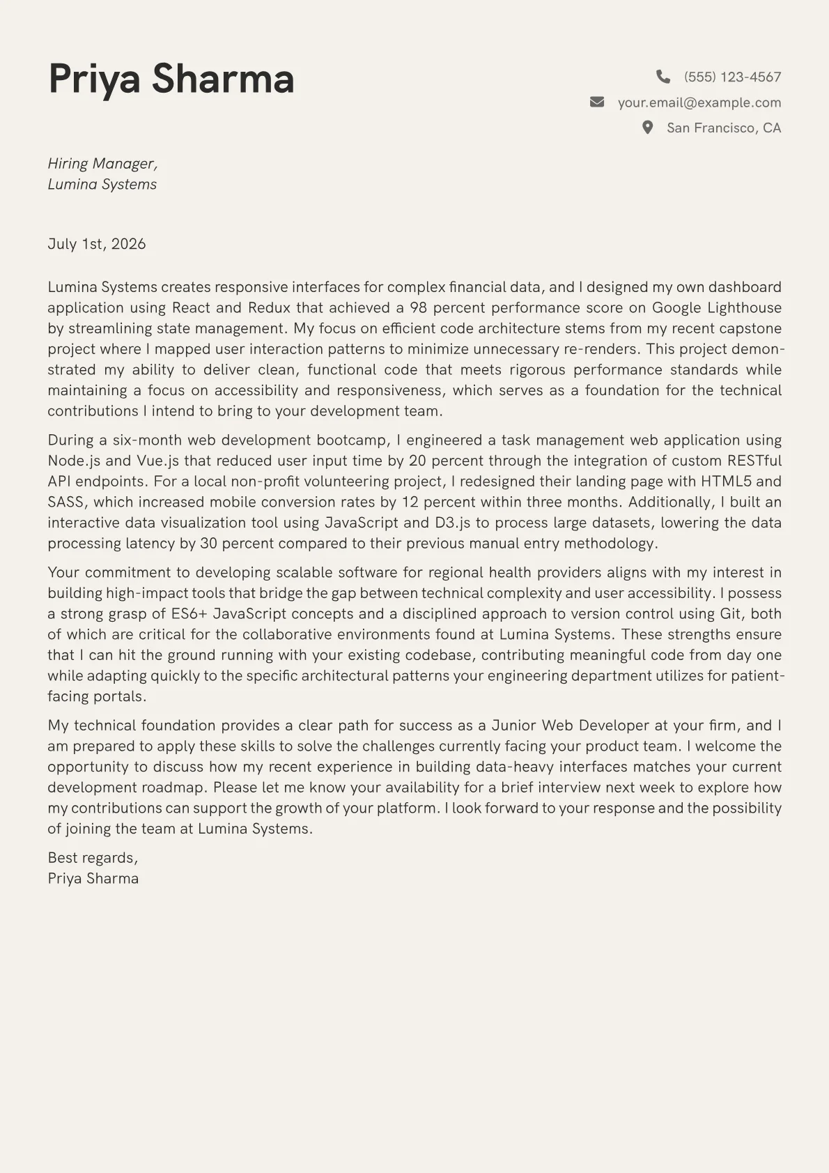 Junior Web Developer cover letter in the Creative design