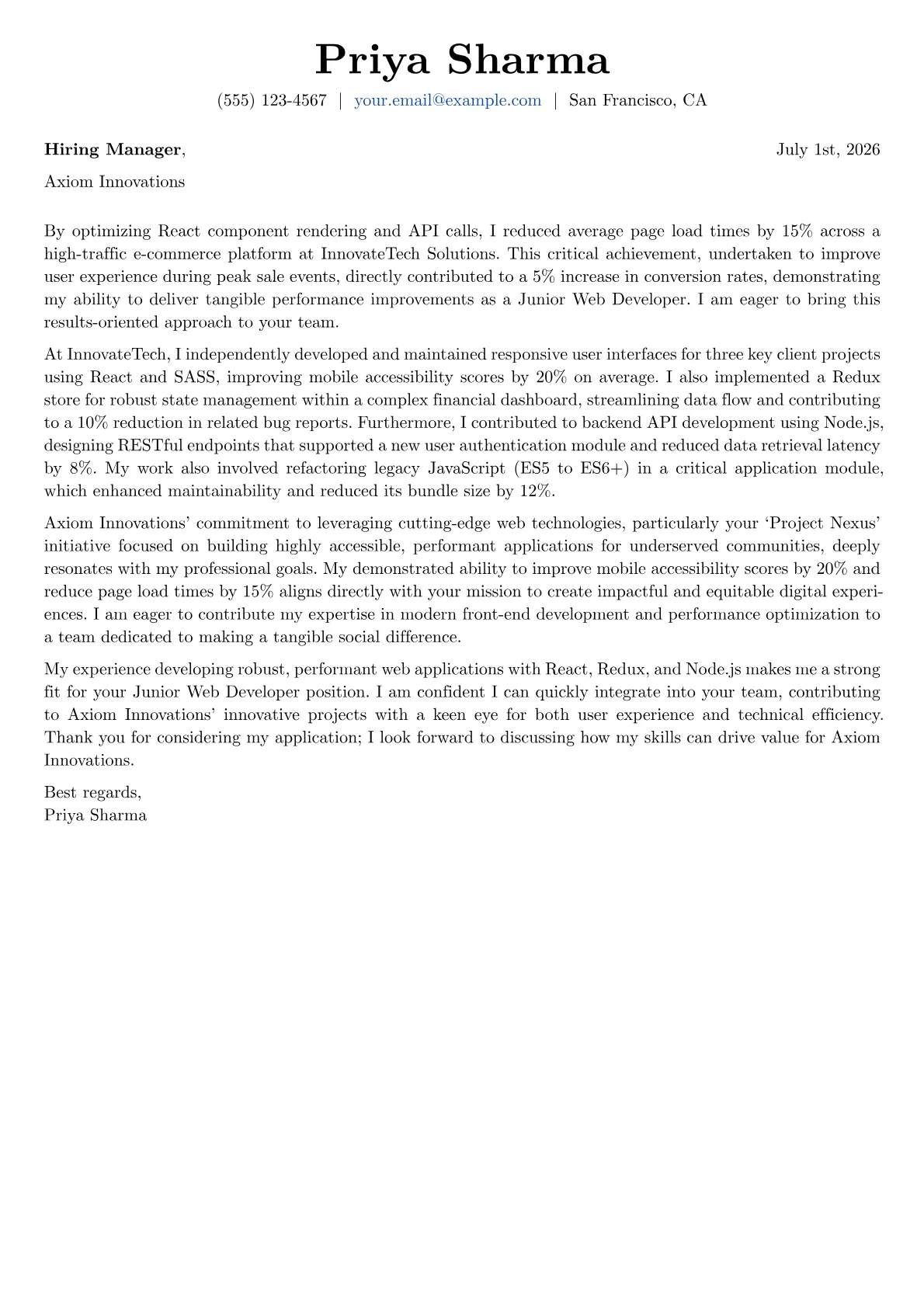 Junior Web Developer cover letter formatted with a JobSprout template