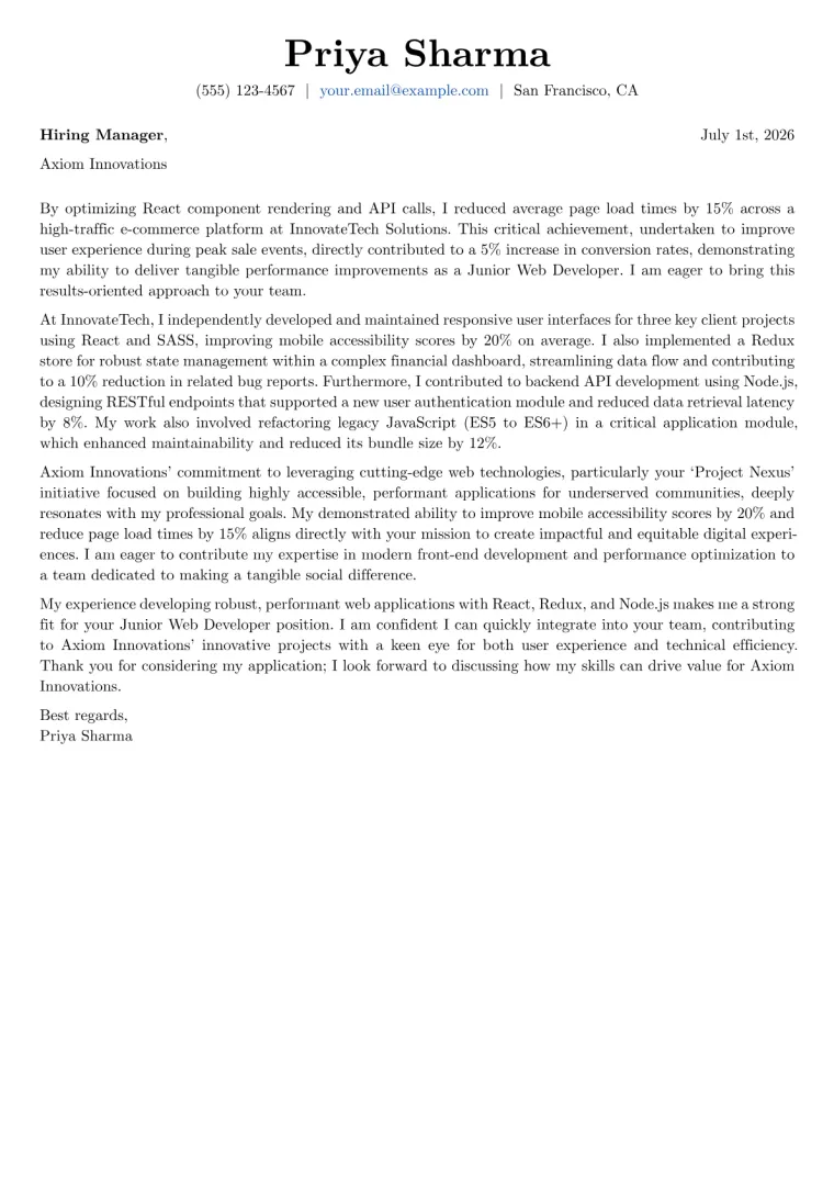 Junior Web Developer cover letter example preview