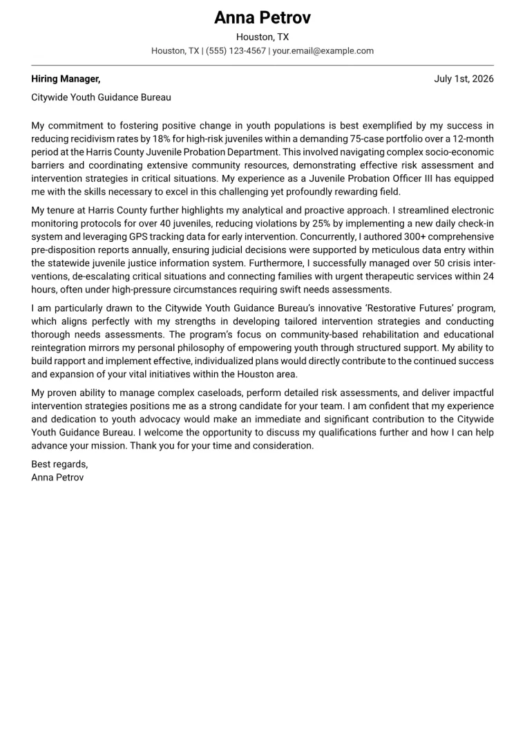 Juvenile Probation Officer Cover Letter Example