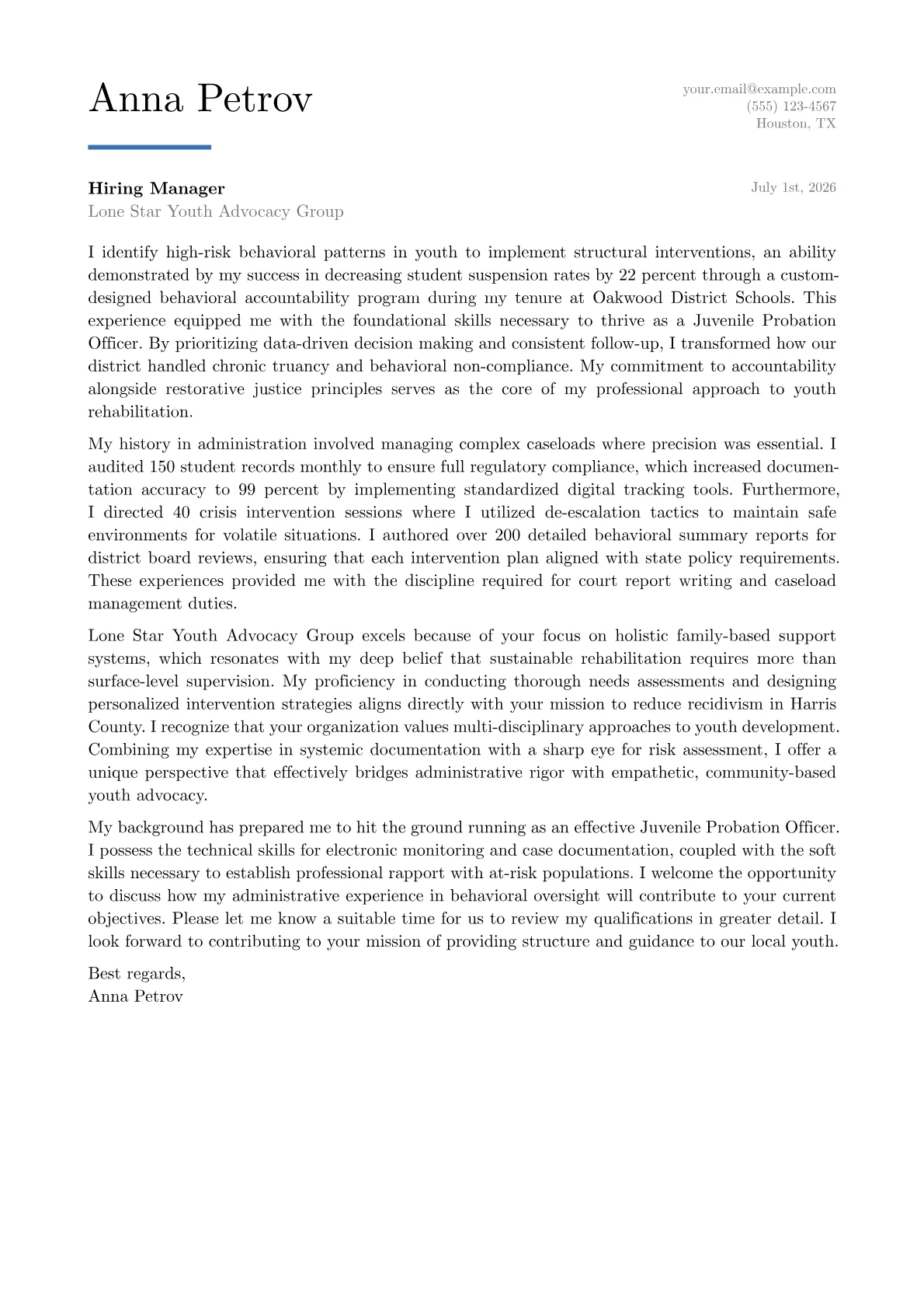 Juvenile Probation Officer cover letter in the Executive design