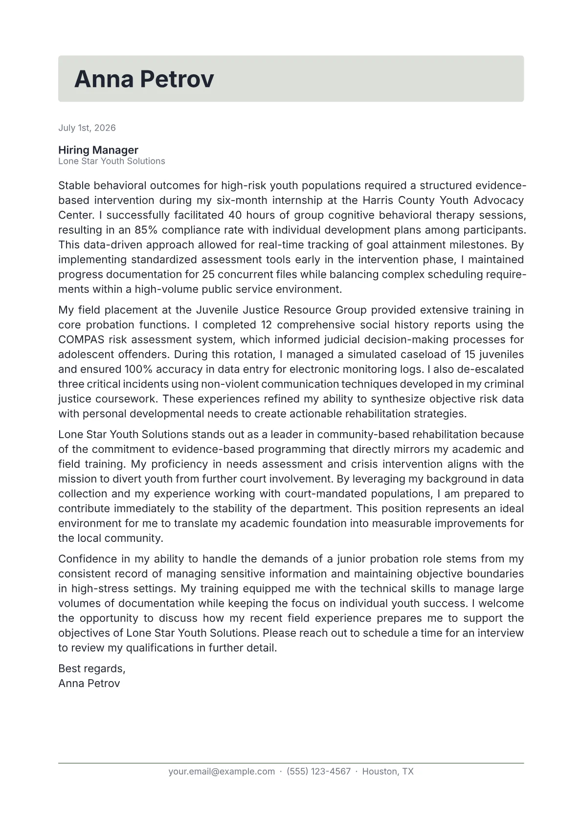 Juvenile Probation Officer cover letter in the Letterhead design