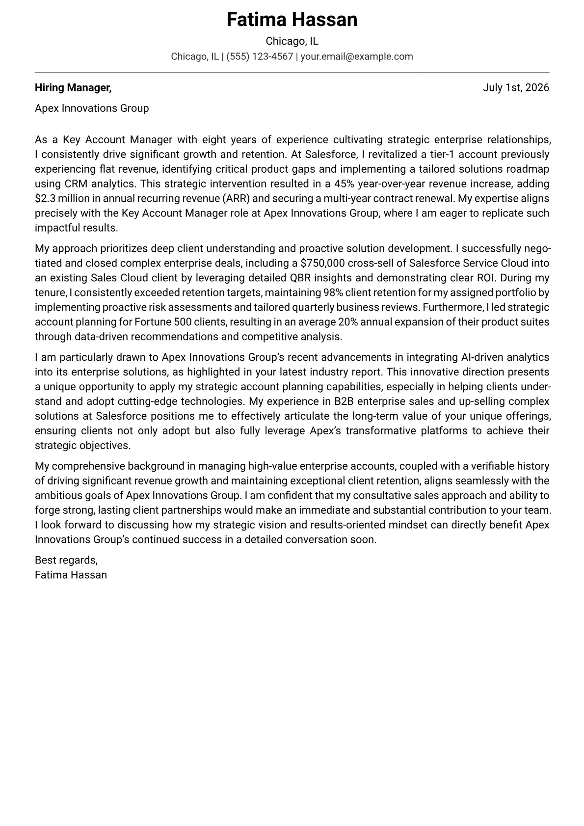 Key Account Manager cover letter formatted with a JobSprout template