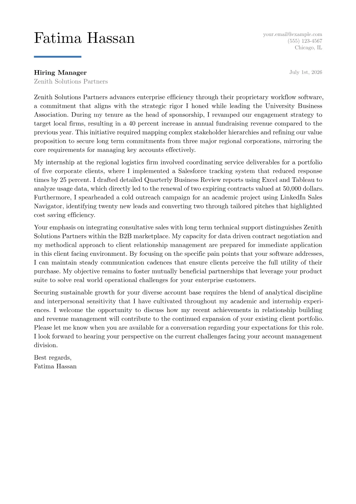 Key Account Manager cover letter in the Executive design
