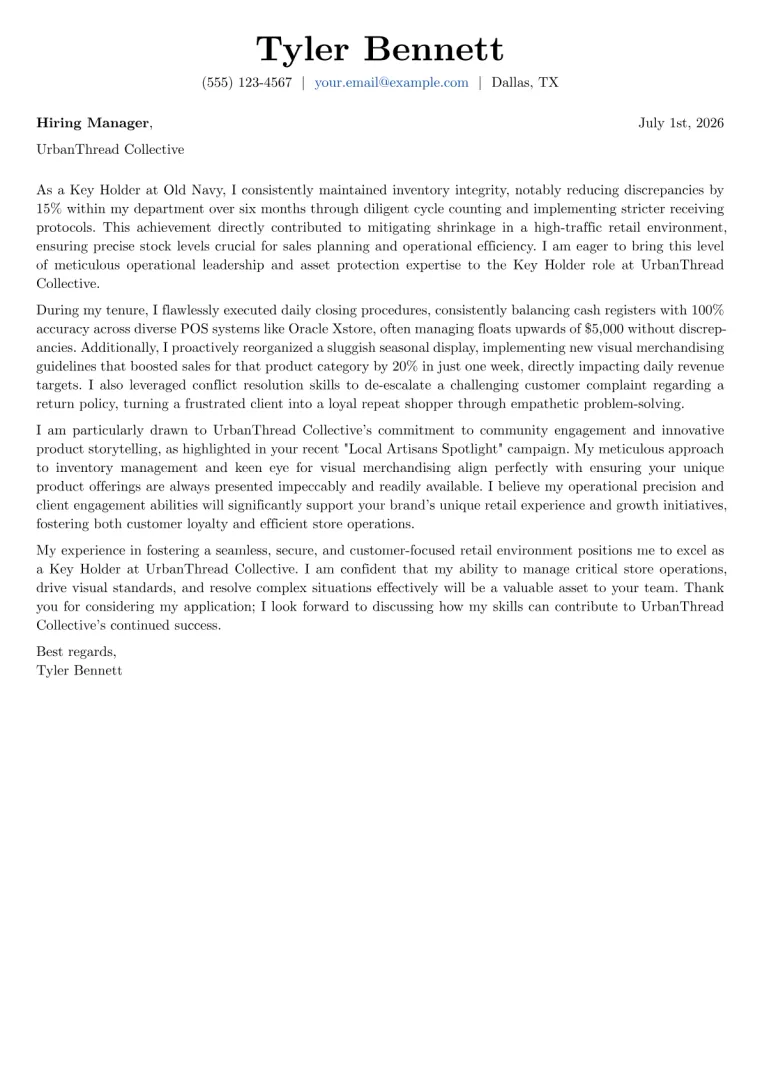Key Holder Cover Letter Example
