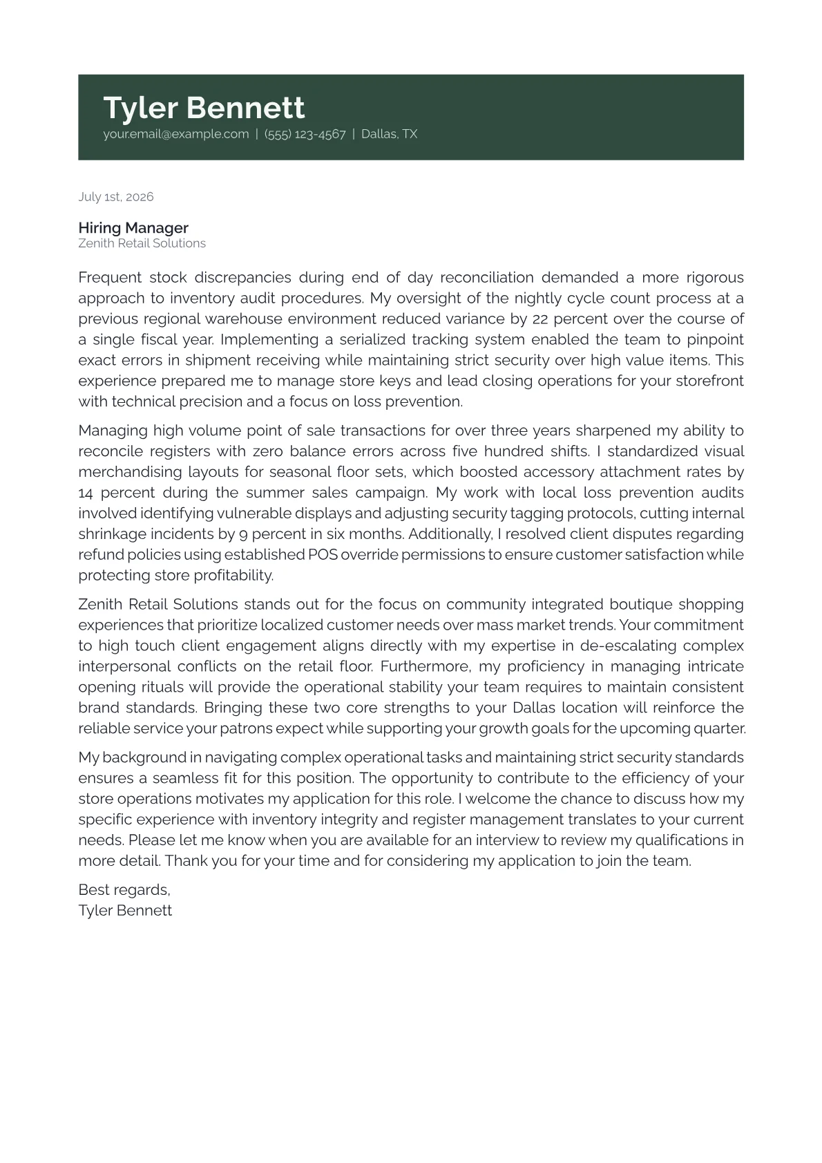 Key Holder cover letter in the Banner design