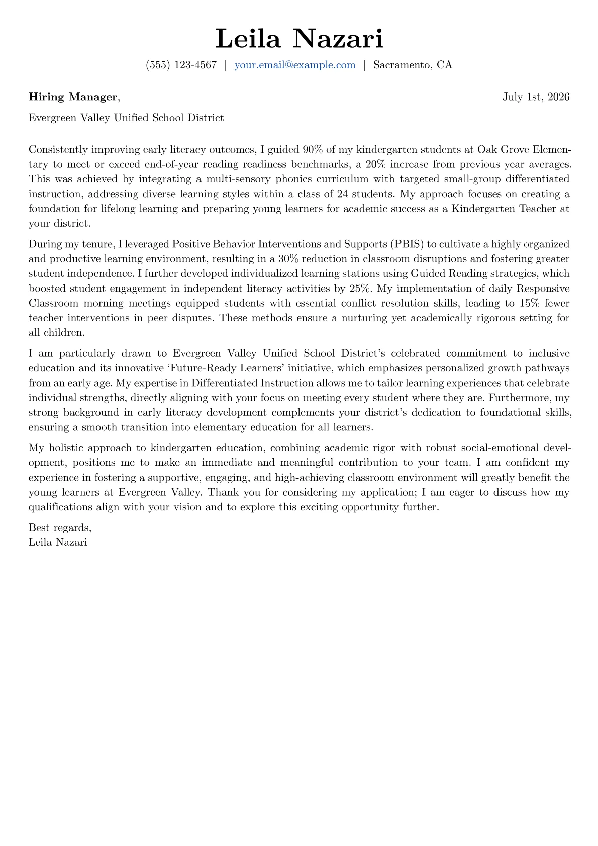 Kindergarten Teacher cover letter formatted with a JobSprout template