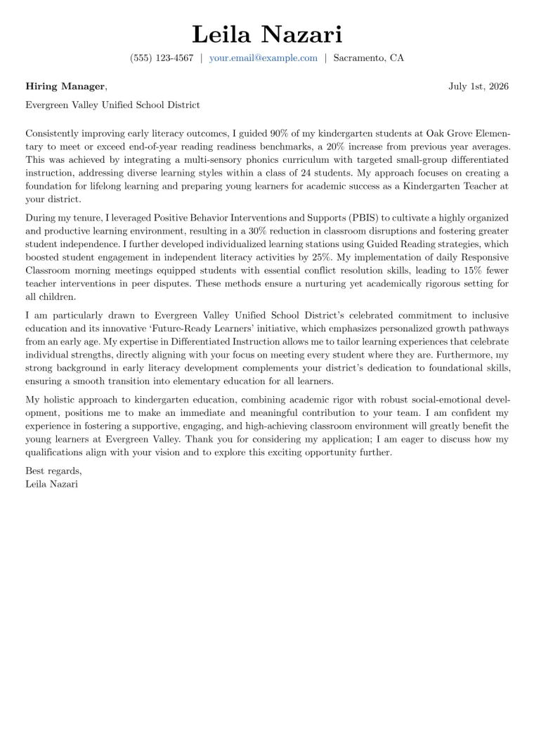 Kindergarten Teacher Cover Letter Example
