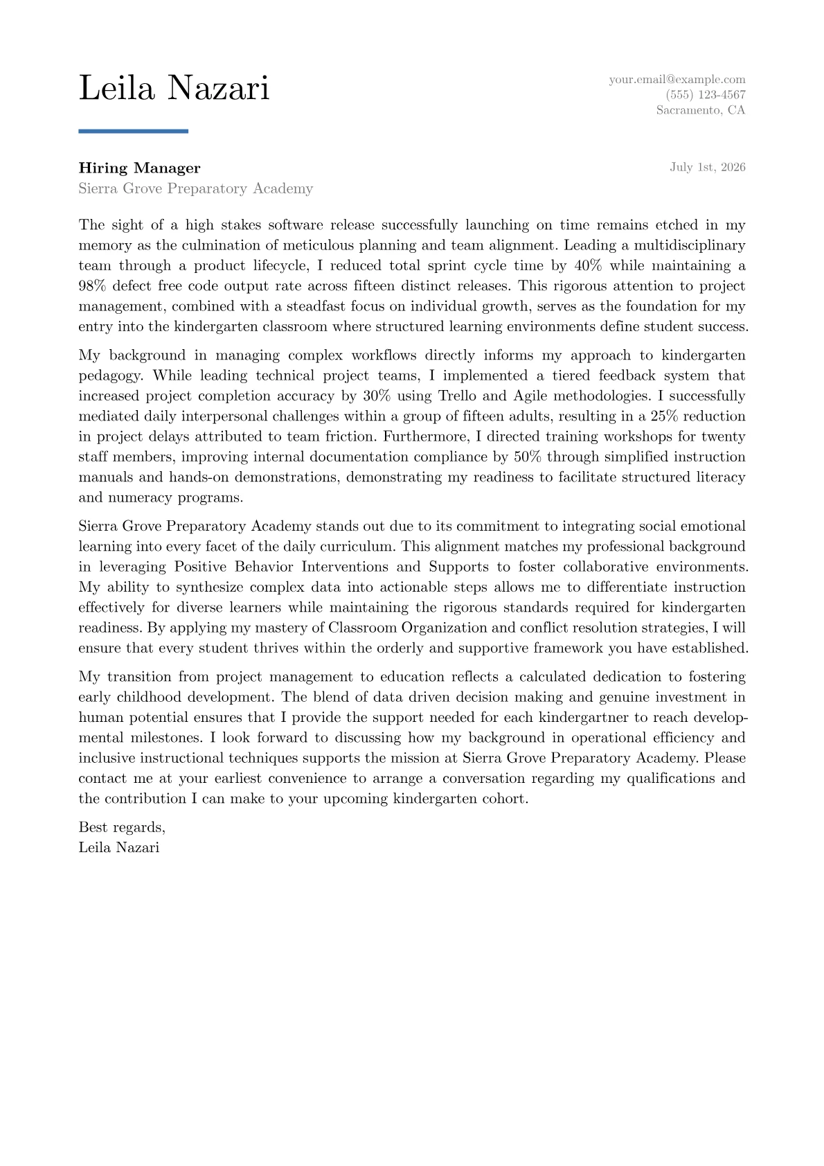 Kindergarten Teacher cover letter in the Executive design