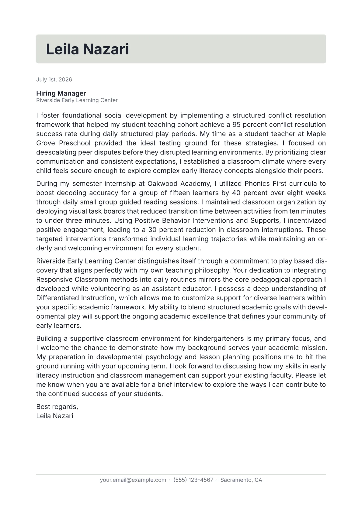 Kindergarten Teacher cover letter in the Letterhead design