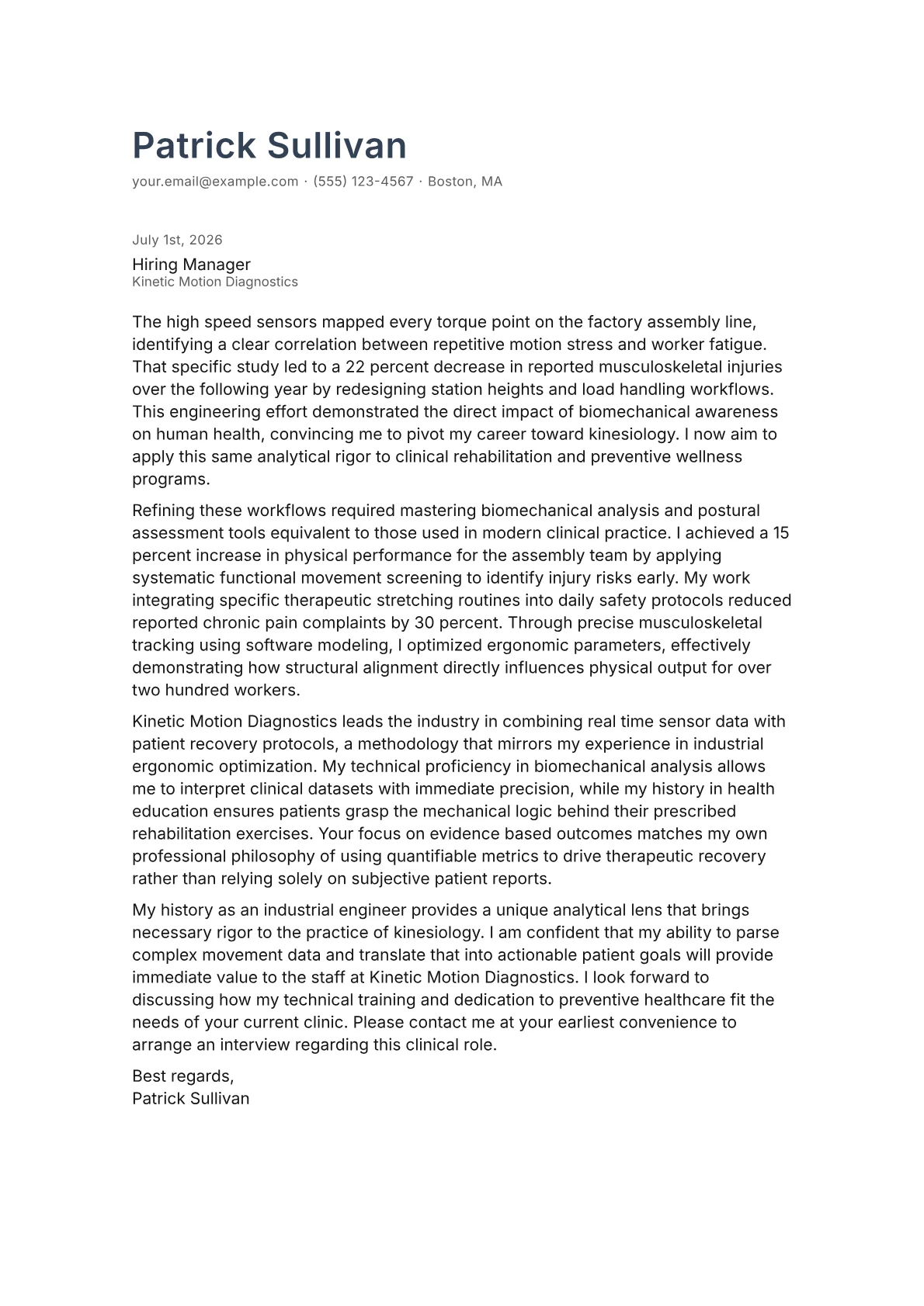 Kinesiologist cover letter in the Minimal design