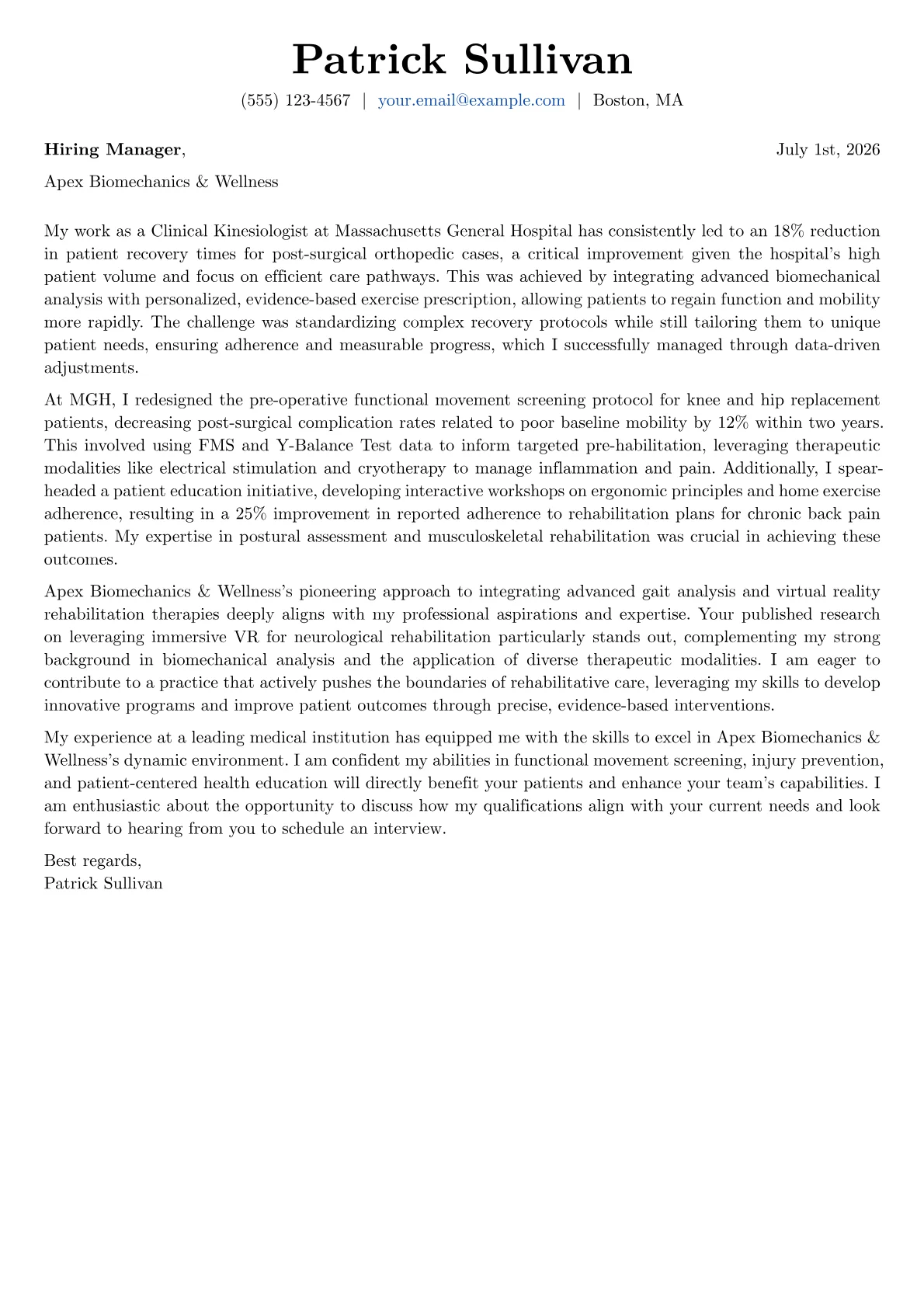 Kinesiologist cover letter formatted with a JobSprout template