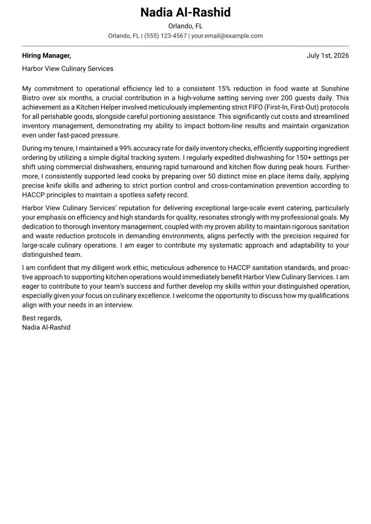 Kitchen Helper Cover Letter Example