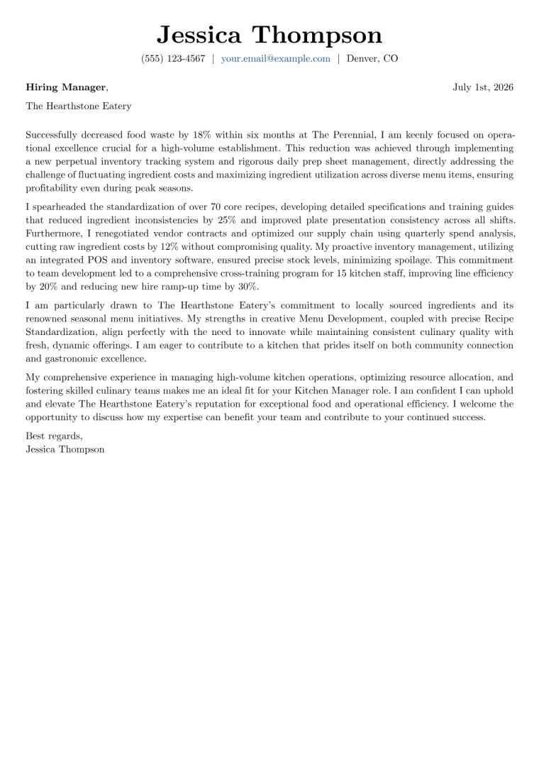 Kitchen Manager cover letter example preview