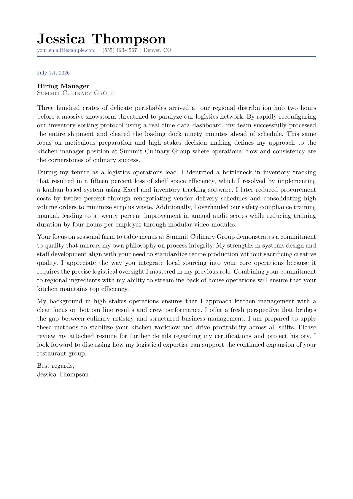 Kitchen Manager cover letter in the Classic design