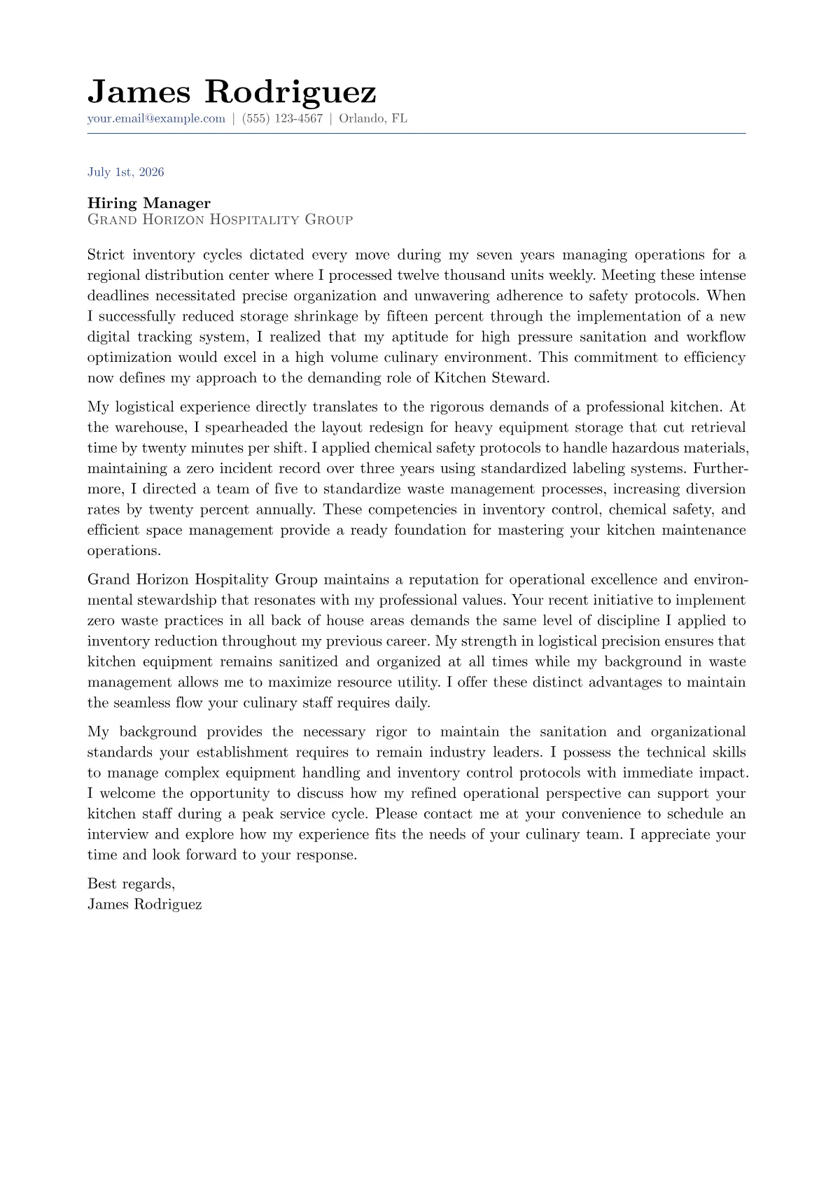 Kitchen Steward cover letter in the Classic design
