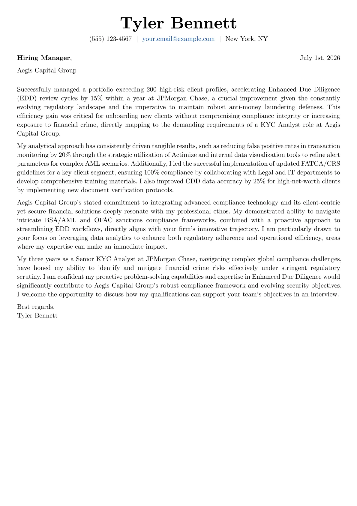 KYC Analyst cover letter formatted with a JobSprout template