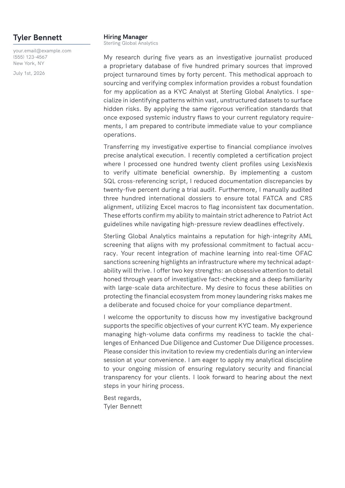 KYC Analyst cover letter in the Margin design