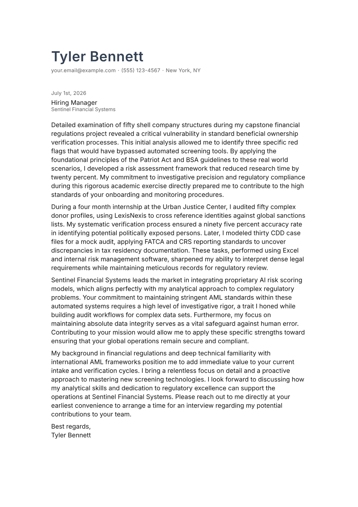 KYC Analyst cover letter in the Minimal design