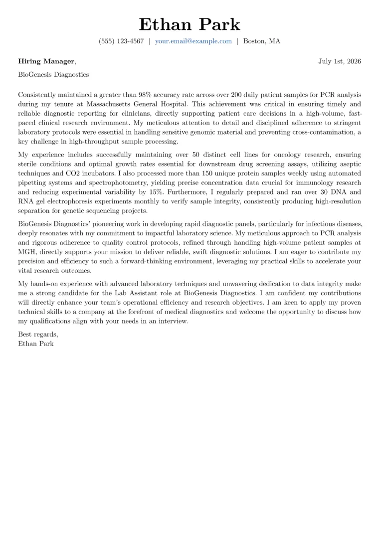 Lab Assistant cover letter example